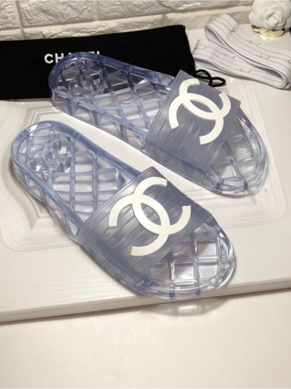 CHANEL Transparent Jelly Slide Sandals with White CC Logo